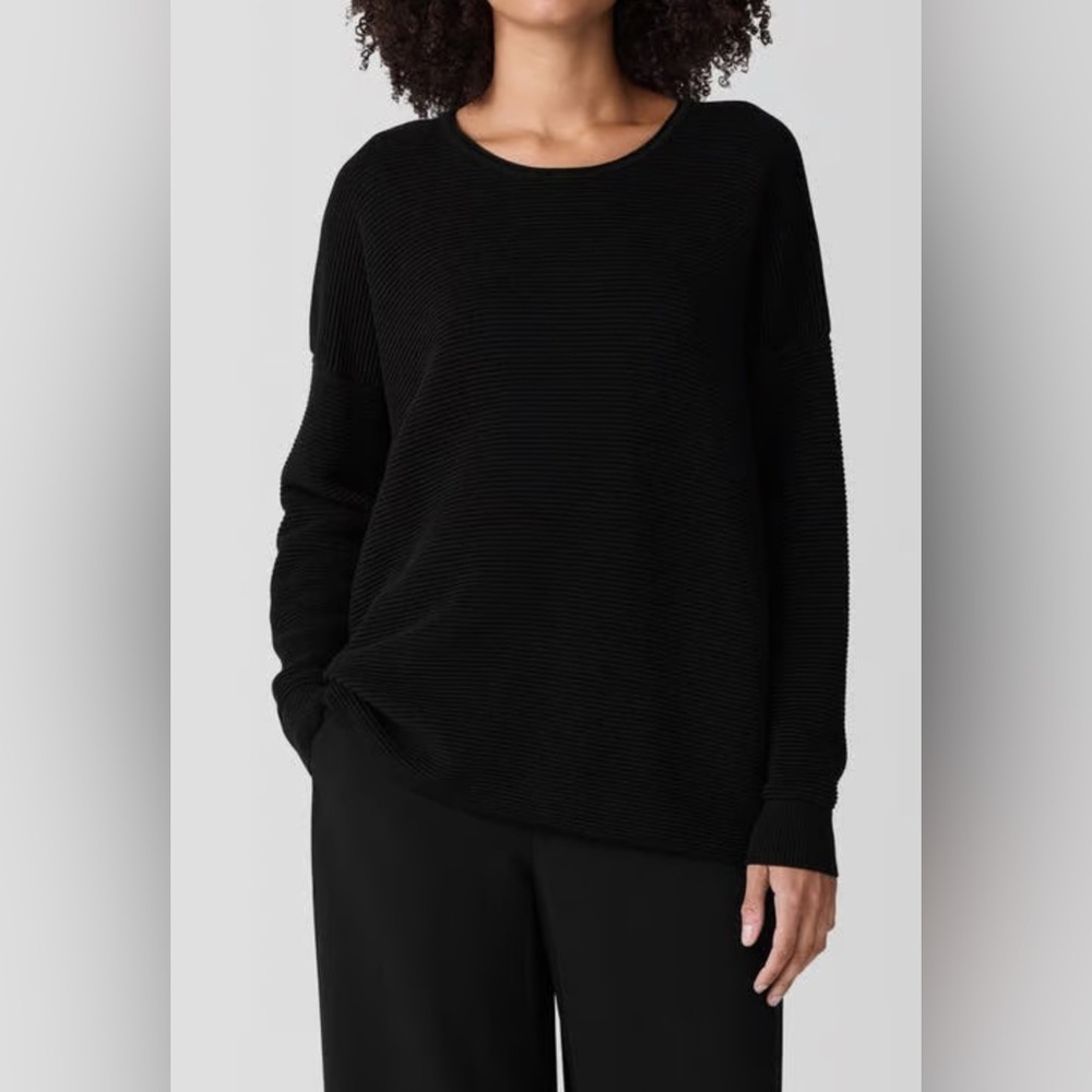 EILEEN FISHER - OTTOMAN STITCH (Ribbed) Tunic Crewneck Sweater. Black. XS